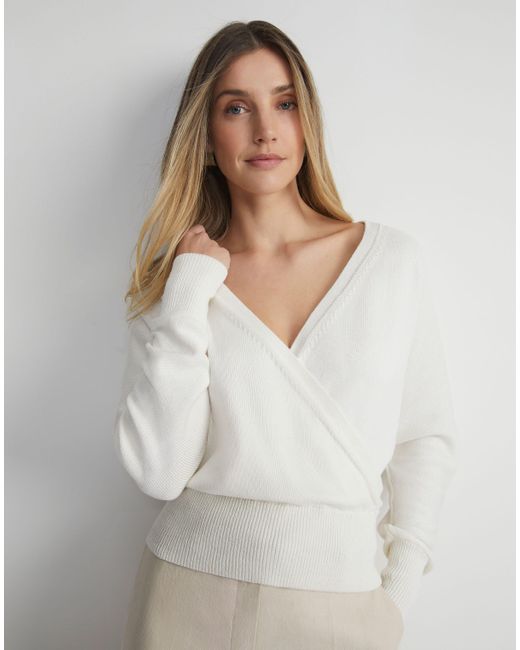 Lafayette 148 New York White Petite Cottonsilk Surplice V-neck Sweater