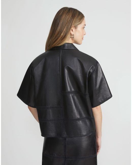 Lafayette 148 New York Gray Plus-size Nappa Lambskin Leather Block Panel Shirt