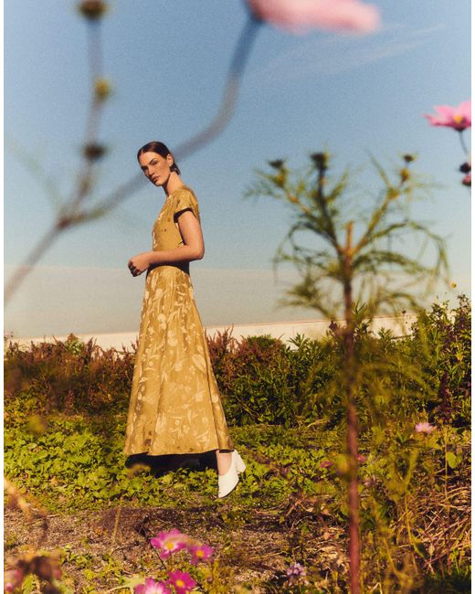Lafayette 148 New York Natural Eco Flora Jacquard Linen-viscose Flared Dress