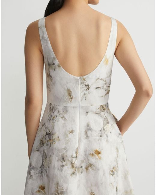 Lafayette 148 New York White Eco Leaves Print Silk-linen Bateau Gown