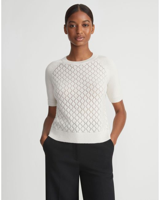 Lafayette 148 New York White Hand-embellished Cashmere Lace Stitch Short Sleeve Sweater