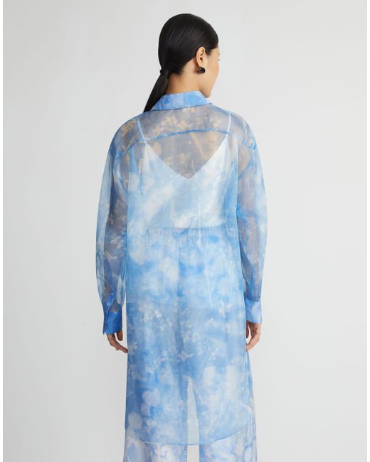 Lafayette 148 New York Blue Eco Flora Print Silk Organza Oversized Tunic Blouse