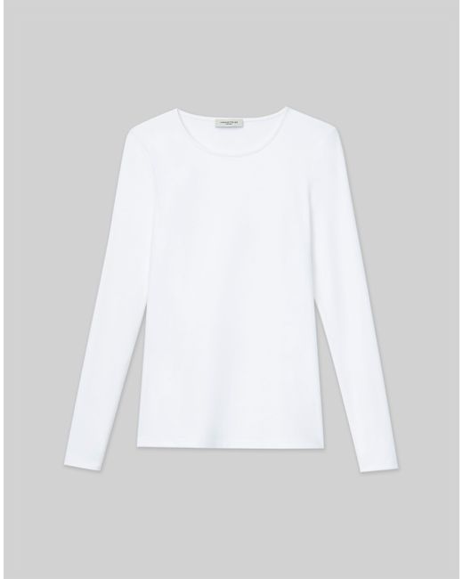 Lafayette 148 New York White Cotton Rib Crewneck Long Sleeve T-shirt
