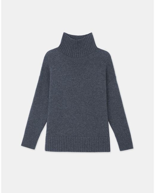 Lafayette 148 New York Blue Petite Cashmere Stand Collar Sweater