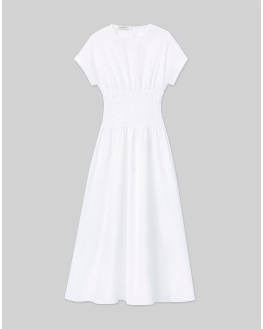 Lafayette 148 New York White Organic Cotton Poplin Smocked Waist Dress