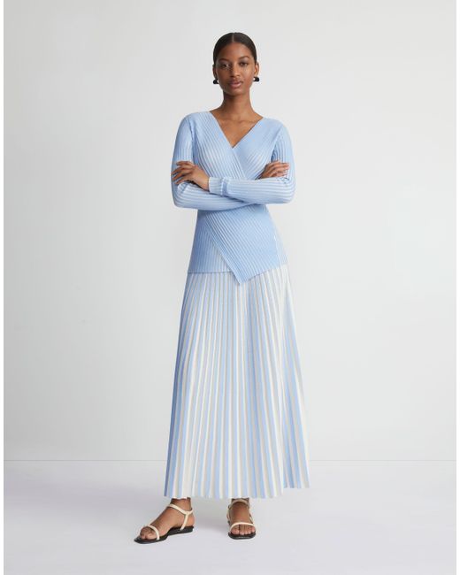 Lafayette 148 New York Blue Overprint Finespun Voile Pleat Stitch Skirt