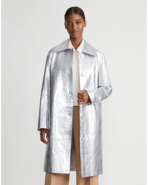 Lafayette 148 New York White Metallic Crinkle Leather Coat