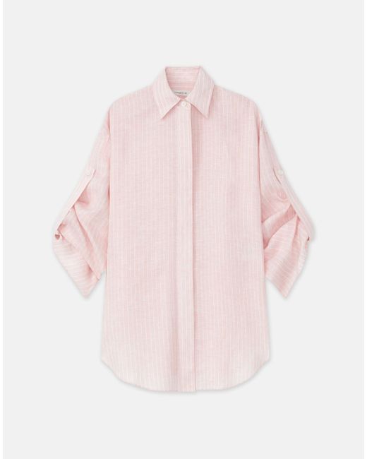 Lafayette 148 New York Pink Plus-size Stripe Linen Tab Sleeve Blouse