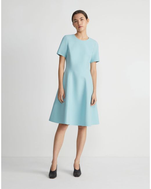 Lafayette 148 New York Blue Wool-silk Crepe Short Sleeve Dress