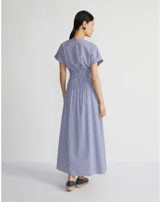 Lafayette 148 New York Blue Stripe Cotton Poplin Smocked Dress