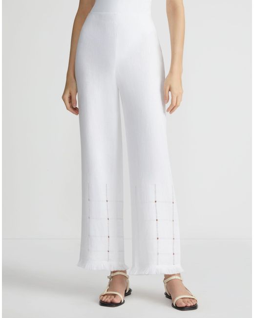 Lafayette 148 New York White Linen Hand Ajour & Fringe Gates Ankle Pant