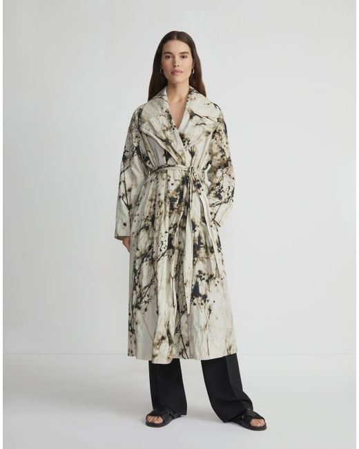 Lafayette 148 New York White Shadow Print Crinkle Cotton Trench Coat