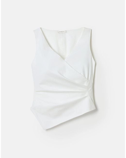 Lafayette 148 New York White Stretch Cotton Sleeveless Wrap Front Top