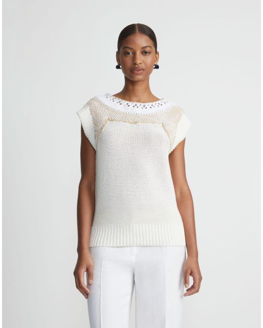 Lafayette 148 New York White Cotton-silk Hand Macramé Trim Sweater