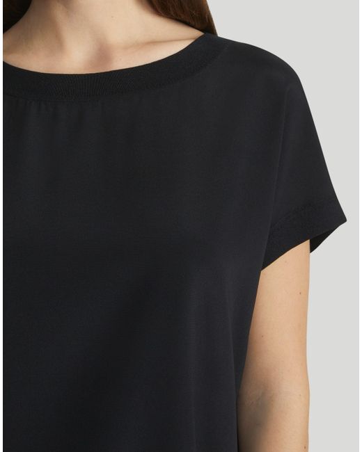 Lafayette 148 New York Black Organic Silk Stretch Georgette Knit Trim T-shirt Blouse