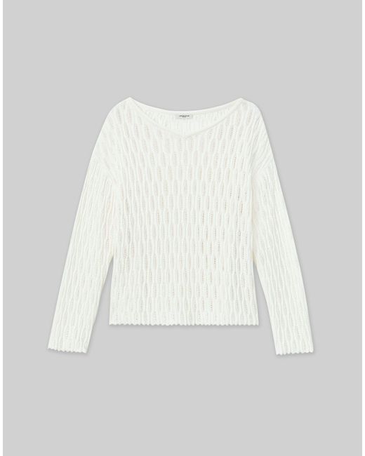 Lafayette 148 New York White Cottonsilk Lattice Stitch Wide V-neck Sweater