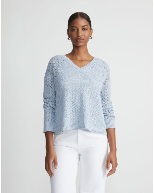 Lafayette 148 New York Blue Sustainable Linensilk Sequin Cable V-neck Sweater