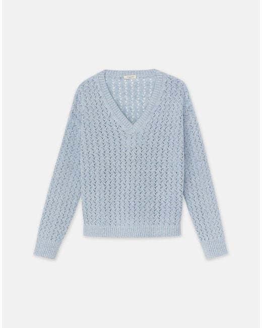 Lafayette 148 New York Blue Sustainable Linensilk Sequin Cable V-neck Sweater