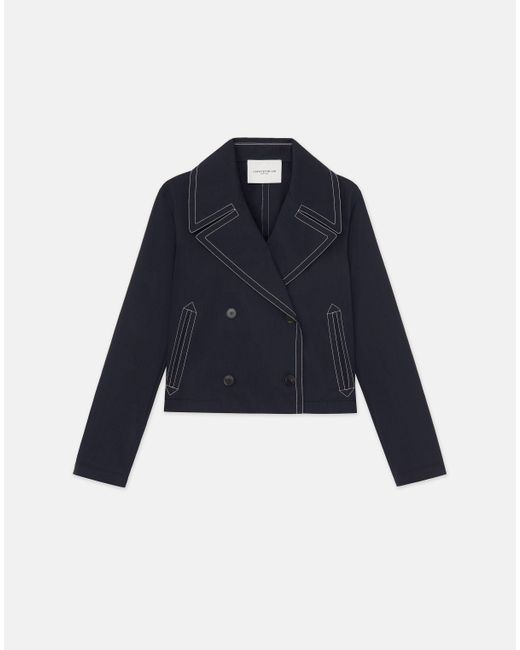 Lafayette 148 New York Blue Cotton Twill Double Breasted Contrast Stitched Jacket