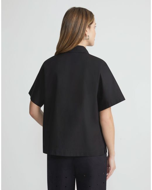 Lafayette 148 New York Black Organic Cotton Poplin Short Sleeve Shirt