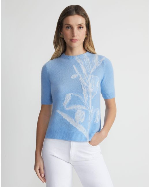 Lafayette 148 New York Blue Plus-size Eco Flora Jacquard Cashmere Crewneck Sweater