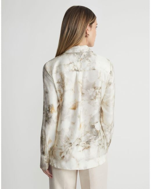 Lafayette 148 New York White Eco Leaves Print Silk Twill Buttoned Blouse