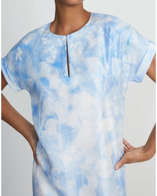 Lafayette 148 New York Blue Eco Flora Print Silk Twill T-shirt Dress