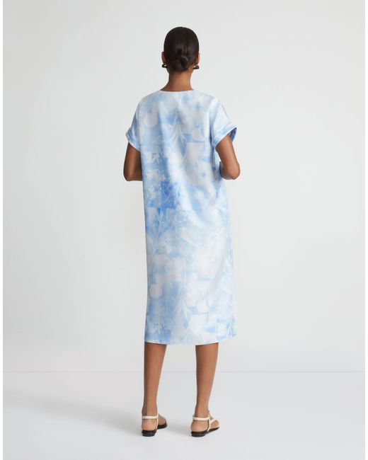 Lafayette 148 New York Blue Eco Flora Print Silk Twill T-shirt Dress
