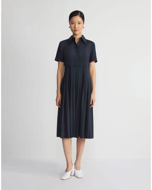 Lafayette 148 New York Blue Organic Silk Stretch Georgette Pleated Shirtdress