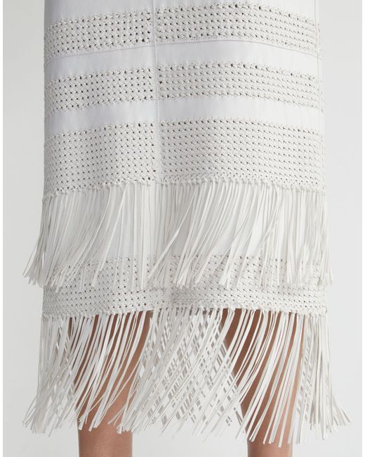 Lafayette 148 New York White Lambskin Leather Hand Basketweave Fringed Skirt