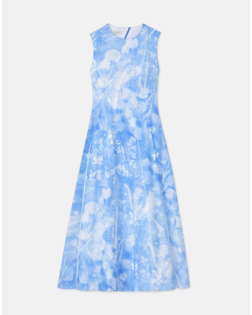 Lafayette 148 New York Blue Eco Flora Print Poplin Pleated Dress