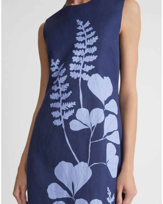 Lafayette 148 New York Blue Flora Print Viscose-linen Sleeveless Dress