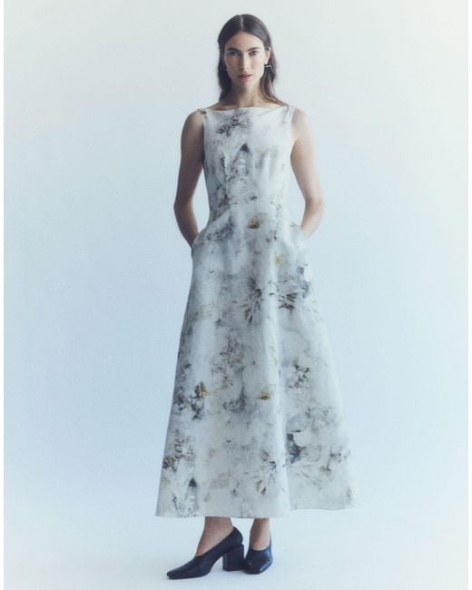 Lafayette 148 New York White Eco Leaves Print Silk-linen Bateau Gown