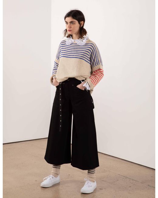 La Fetiche Blue Colette Hand-Knitted Cotton Cashmere "Breton" Style Sweater With Contrast Striped Sleeves And Yoke