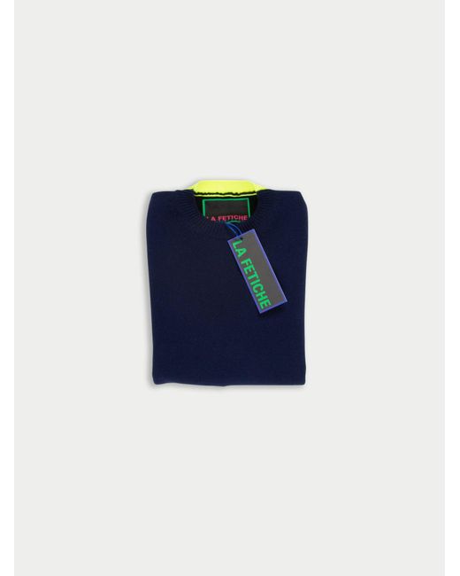 La Fetiche Blue Louis Hand Framed Patched Oversized Sweater With Neon Collar Detail