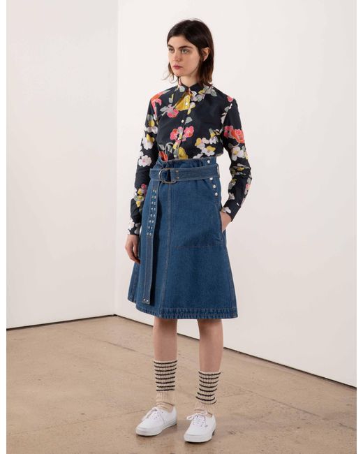 La Fetiche Blue Bonnie Washed Denim Skirt With Utility Belt And Ochre Topstitching