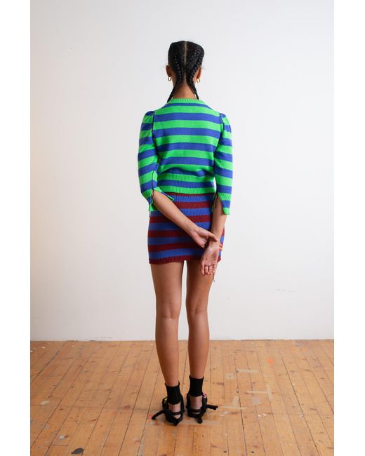 La Fetiche Green Elsie Assymetric Patchwork Striped Sweater