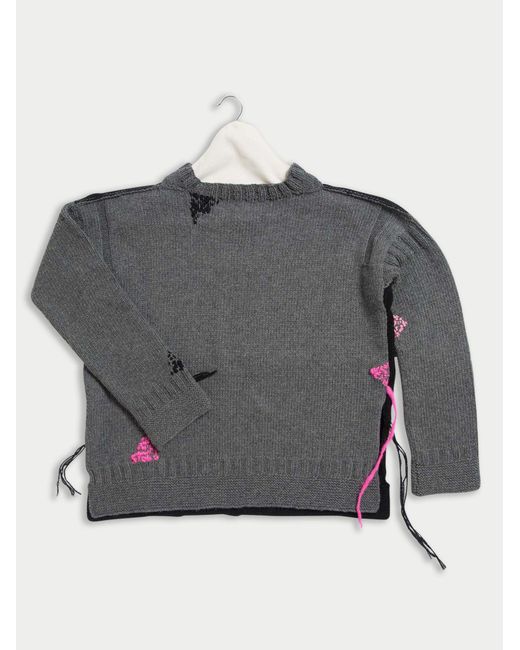 La Fetiche Gray Louise Handknitted Oversized Guernsey Sweater With Contrast Darning Details And Side Split