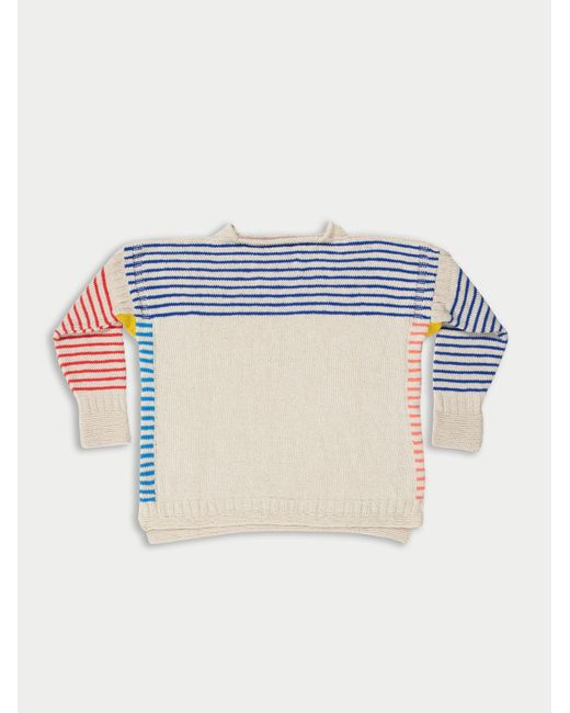 La Fetiche Blue Colette Hand-Knitted Cotton Cashmere "Breton" Style Sweater With Contrast Striped Sleeves And Yoke