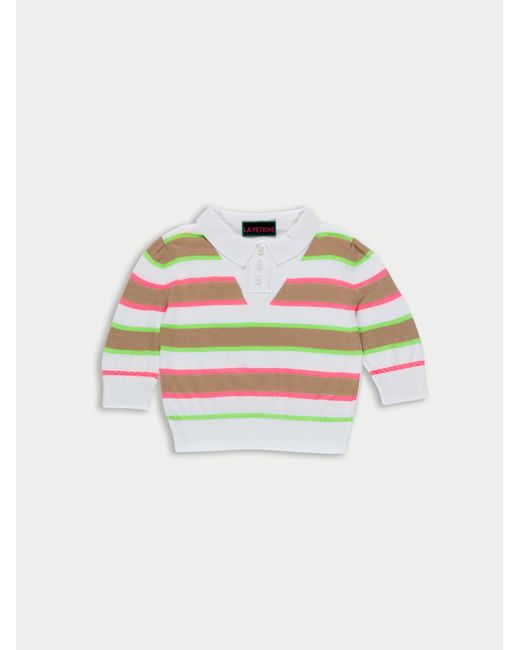 La Fetiche White Moira Striped Cropped Polo Sweater