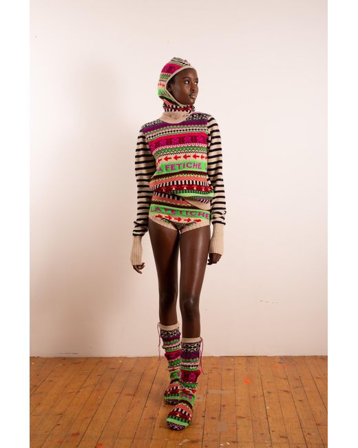 La Fetiche White Rey Logo Fairisle Knit Pants