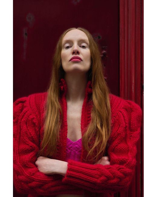 La Fetiche Red Cara Cable Cardigan