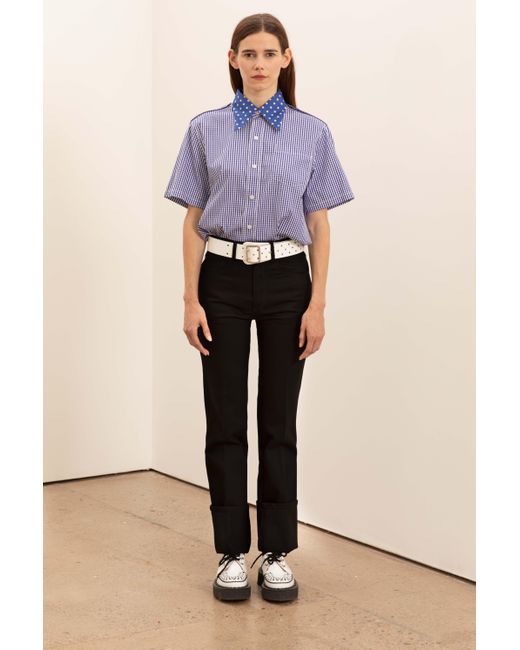 La Fetiche Blue Edith Gingham Military Shirt With Spotted Silk Twill Collar
