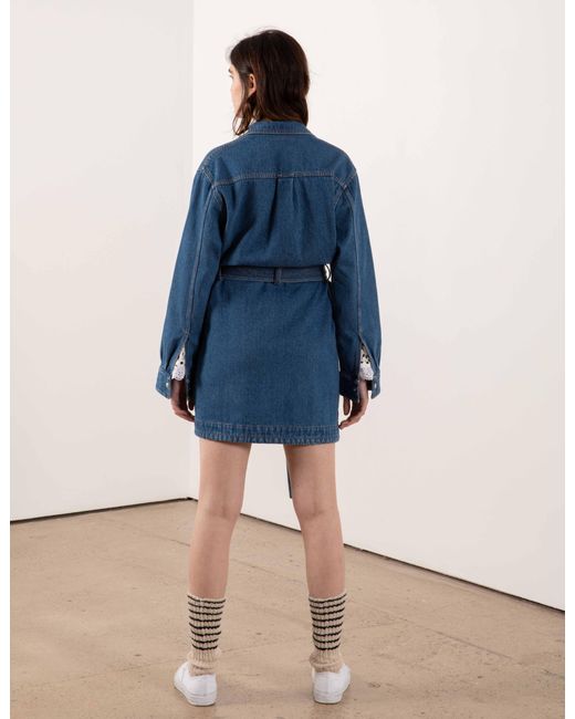 La Fetiche Blue Betty Washed Denim Mini Dress With Utility Belt And Ochre Topstitching