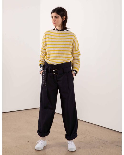 La Fetiche Yellow Patti Hand-Knitted Striped Guernsey Sweater With Colour Blocked Details And Ribbed Back Panel