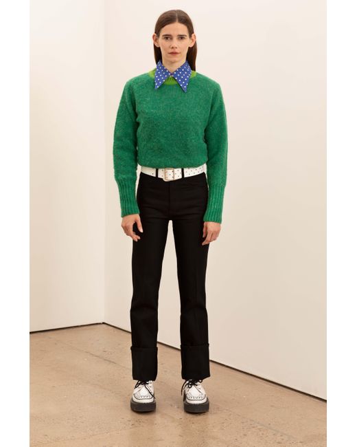 La Fetiche Green Viva Traditional Brushed Crew Neck Seamfree Sweater With Bright Contrast Neck Trim