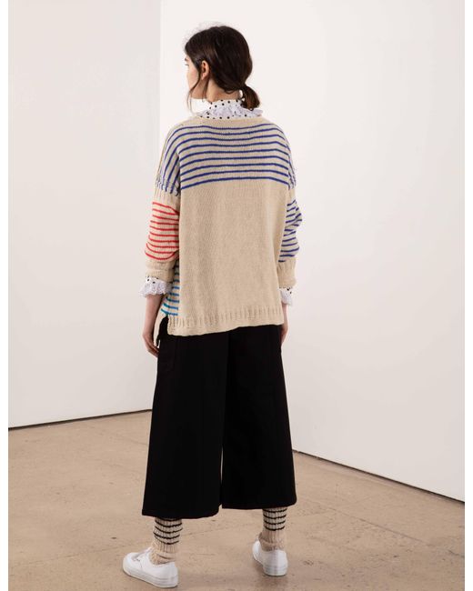 La Fetiche Blue Colette Hand-Knitted Cotton Cashmere "Breton" Style Sweater With Contrast Striped Sleeves And Yoke