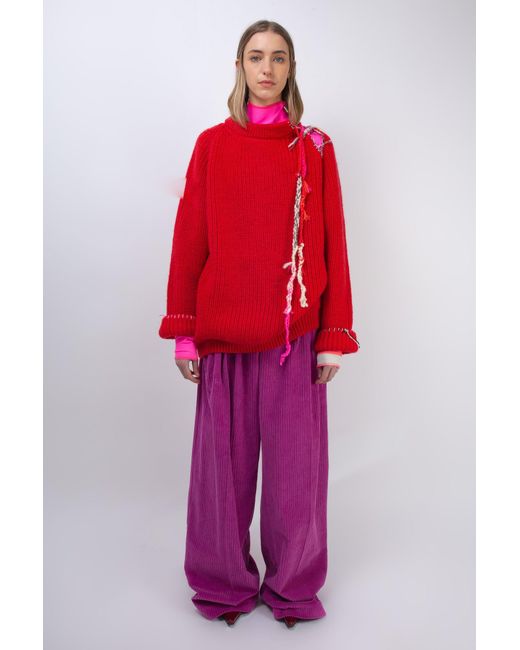 La Fetiche Red Bunny Oversized Fishermans Rib Sweater