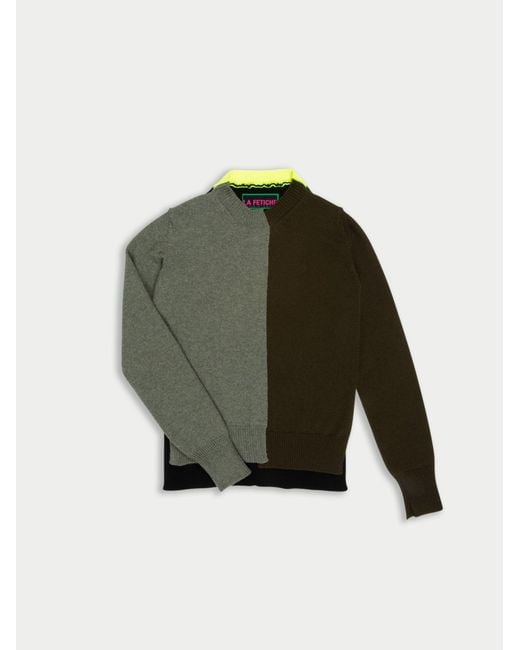 La Fetiche Green Cathy Hand Framed Patched Sweater With Neon Collar Detail