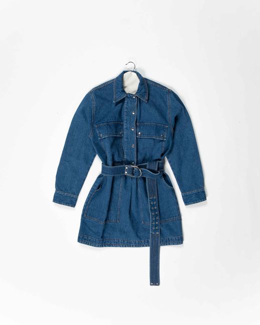 La Fetiche Blue Betty Washed Denim Mini Dress With Utility Belt And Ochre Topstitching